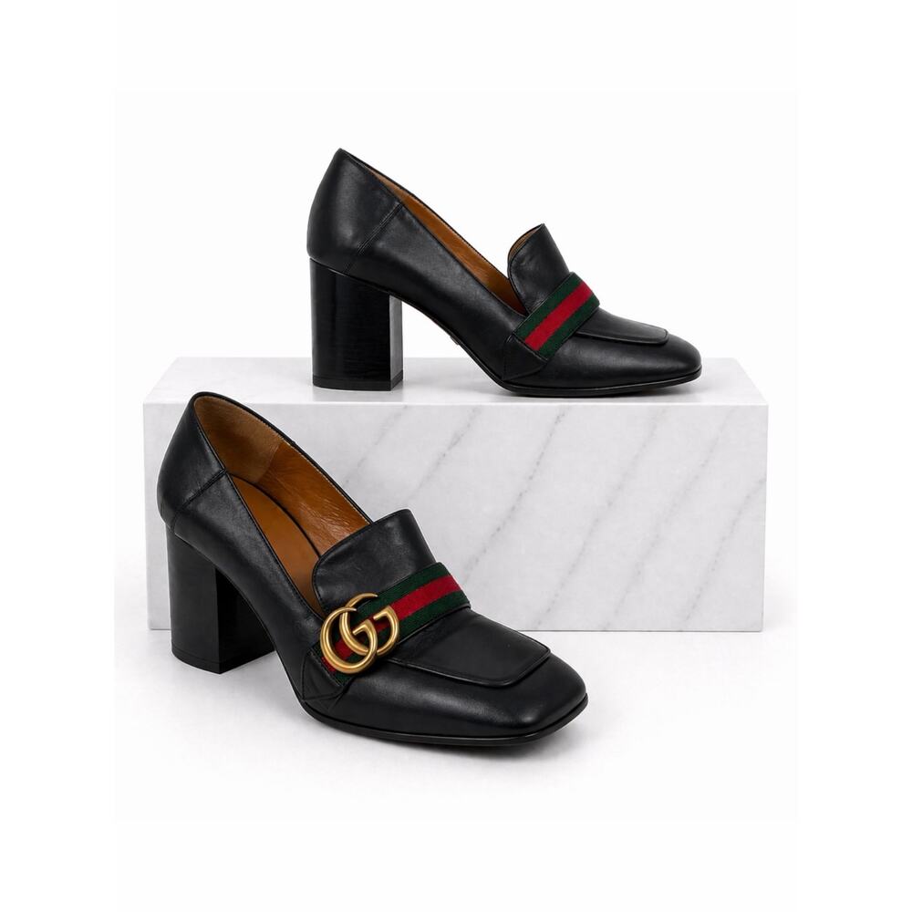 Gucci GG Logo Web Square Toe Mid Heel Loafer Pump Black Size 38